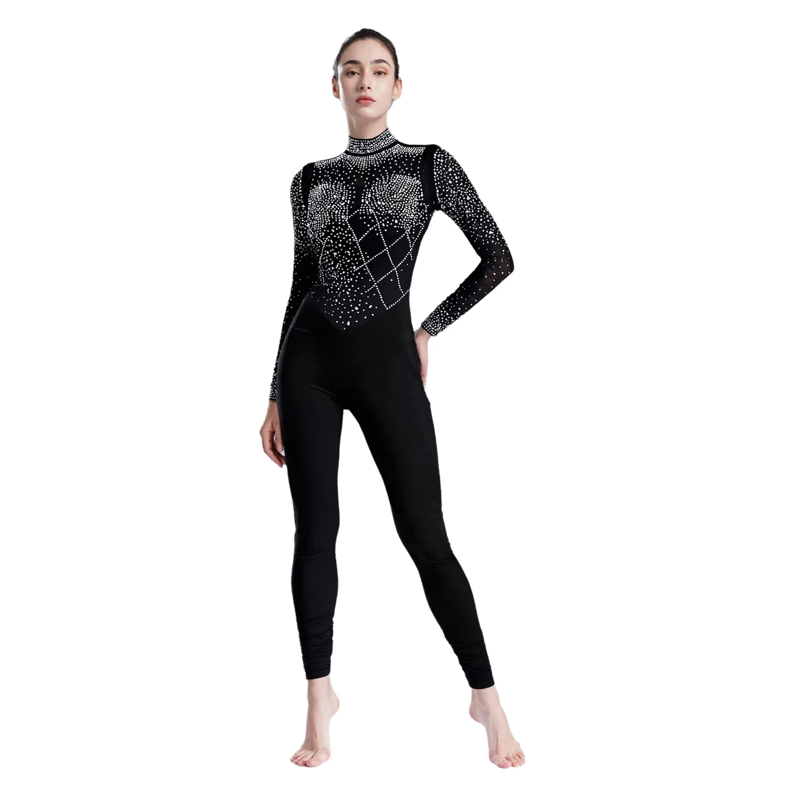 

Women Sheer Mesh Gymnastics Acrobatics Dance Jumpsuit Long Sleeve Breathable Slim Fit Ballet Figure Skating Dancing Bodysuits