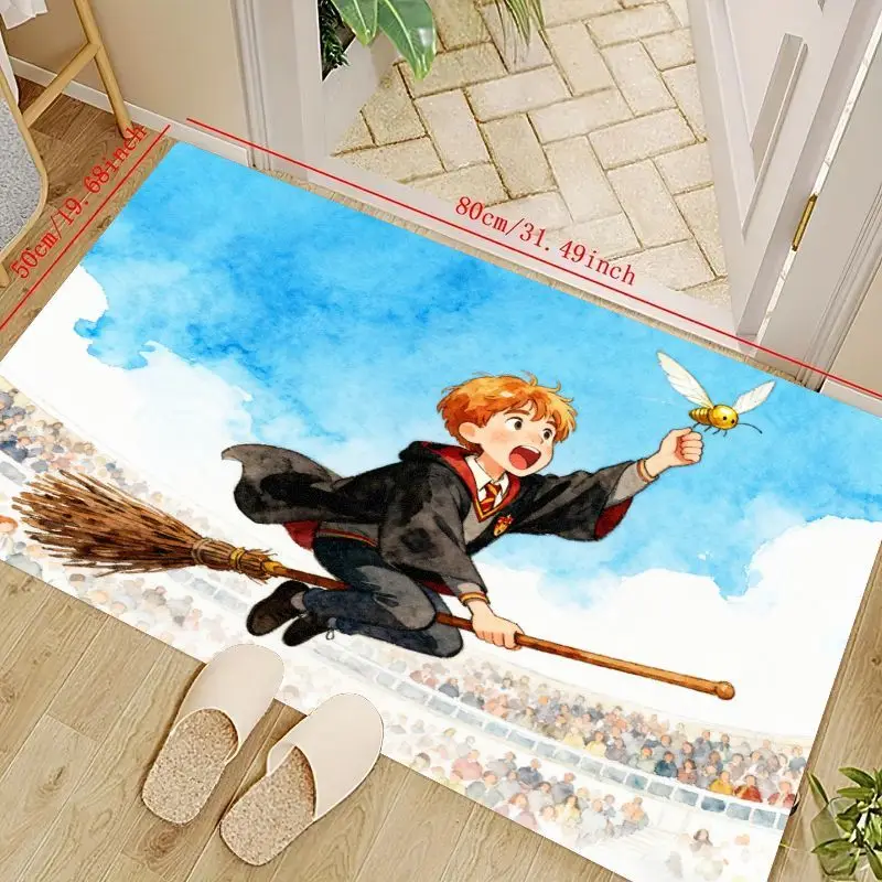 1PC Trendy Anime Cartoon Magic Wizard Student Flying Broom Floor Mat, 50x80cm Non-Slip Absorbent Fantasy Golden Creature Catchin
