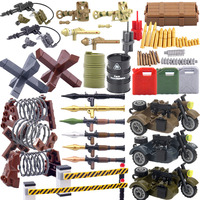 MOC WW2 Military Equipment Building Blocks Soldier Gun Bullet RPG Missile Weapon Box Motorcycle Barrier Fence Oil Drum Brick Toy