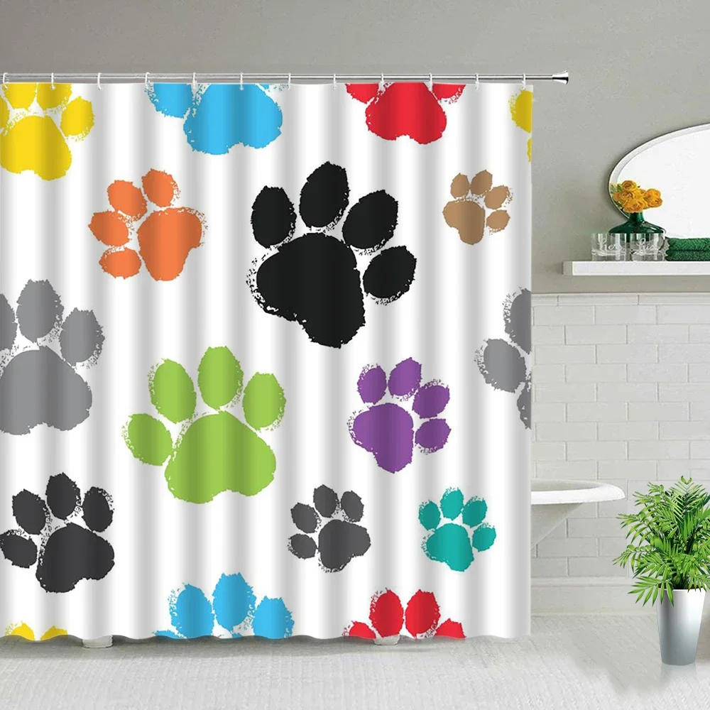 Waterproof Fabric Shower Curtains Dog Paw Print Animal Polyester Kids Home Bathroom Decor Bath with Hooks