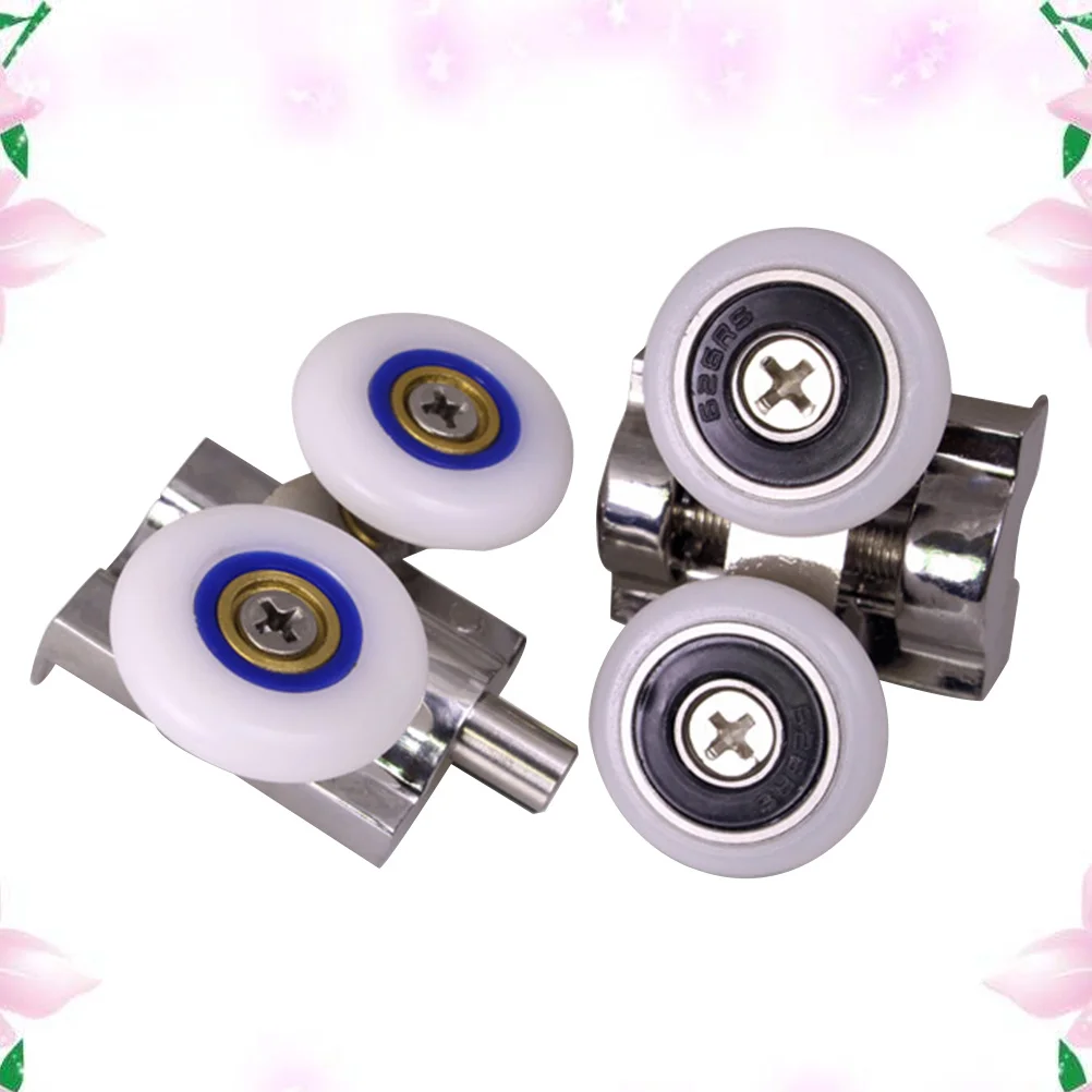 4 قطعة مجموعة من 4 بكرات دش واحدة 2 الجزء العلوي 2 أسفل مزدوجة العجلات باب الحمام الأسطوانة السلس الشريحة غير قابل للصدأ سبائك الزنك