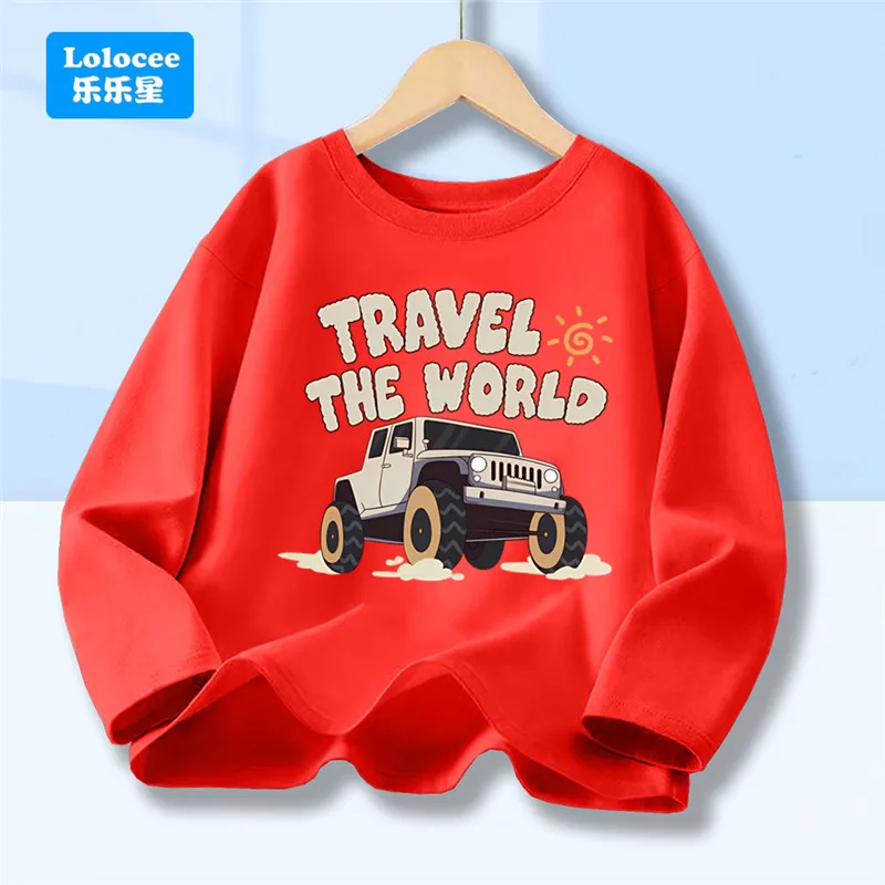 تي شيرت جرافيك مطبوع عليه رسوم كارتونية للطرق الوعرة للأولاد، تي شيرت شاحنة بيك اب بأكمام طويلة للأطفال لربيع الخريف YYPK1