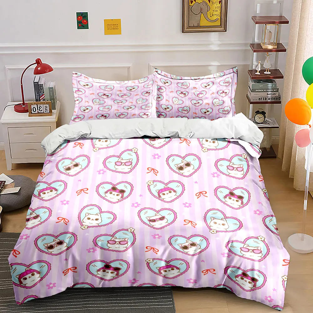 Cute heart and cat pattern background Duvet Cover Set with 3D Printing Design Soft Polyester Bedding Set All-Season Comfort
