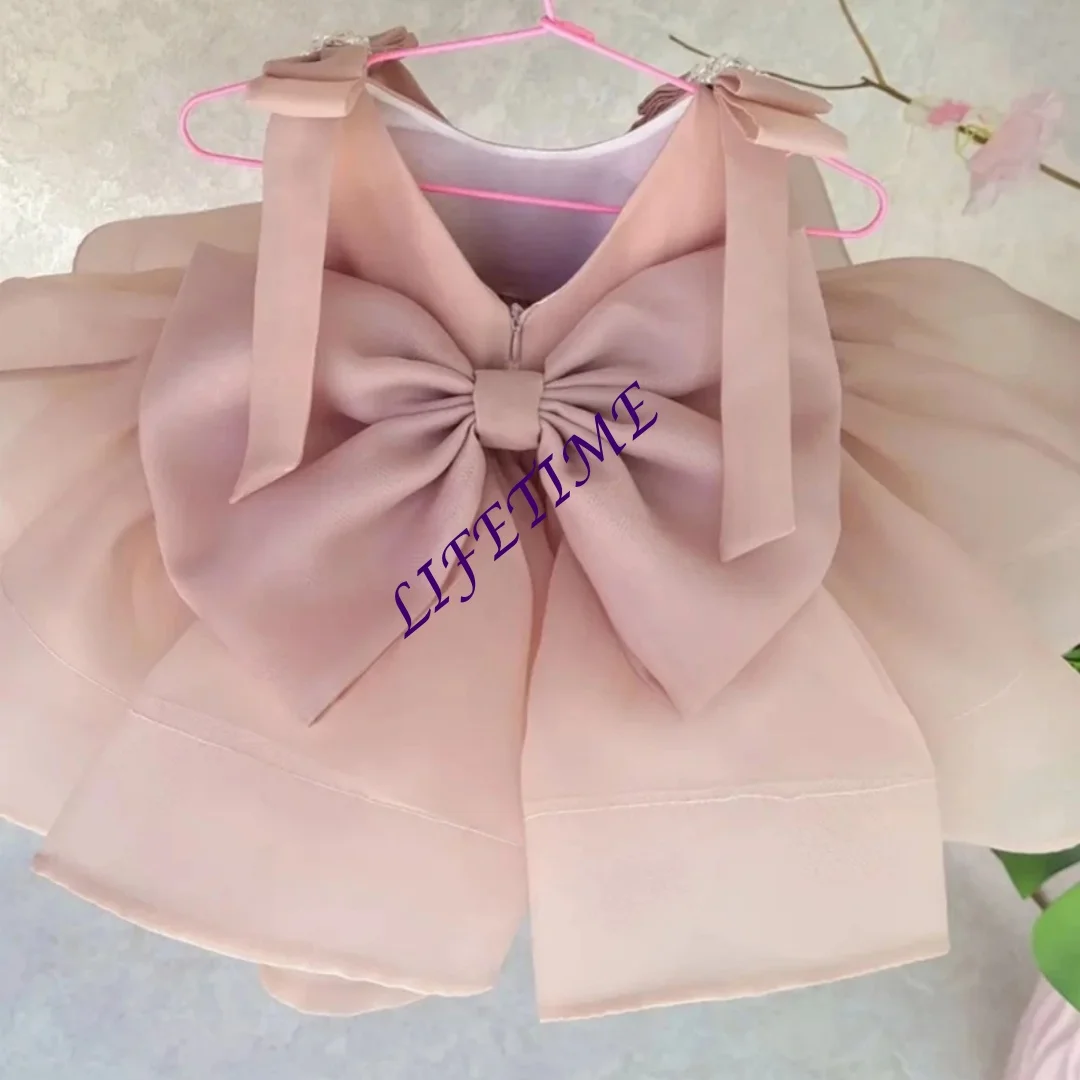 Customized Sweet Pink Puffy Tulle Kids Princess Gown Beaded Bow Flower Girls Dress for School Performance And Wedding