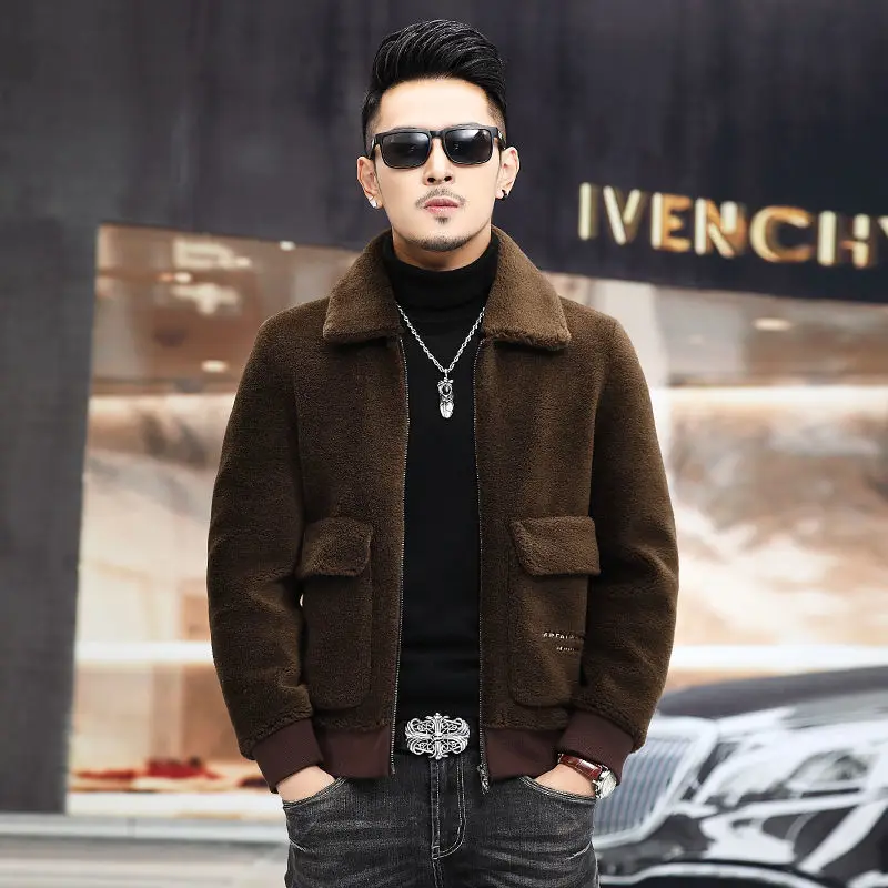 2022 Autumn Winter Shearling Real Fur Jacket Men Lapel Warm Outerwear Men's Natural Lambswool Biker Jacket  Size 6XL O29