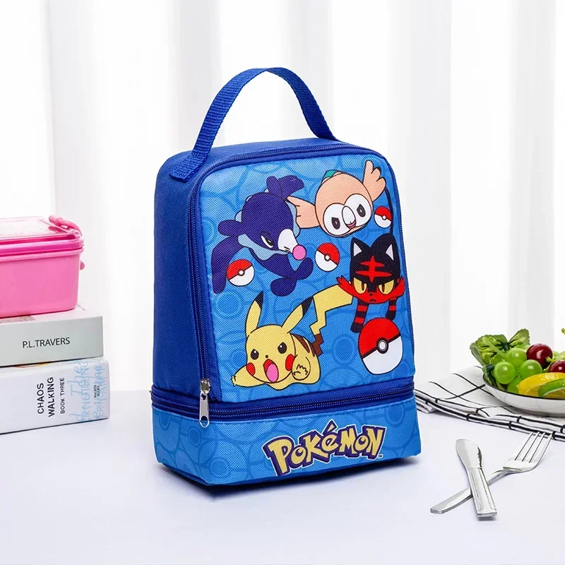 Pokemon Pikachu Portable Lunchbox Bag Kids Bento Bag Large Capacity Double Layer Cartoon Student Kawaii Fruit Snack Picnic Bag