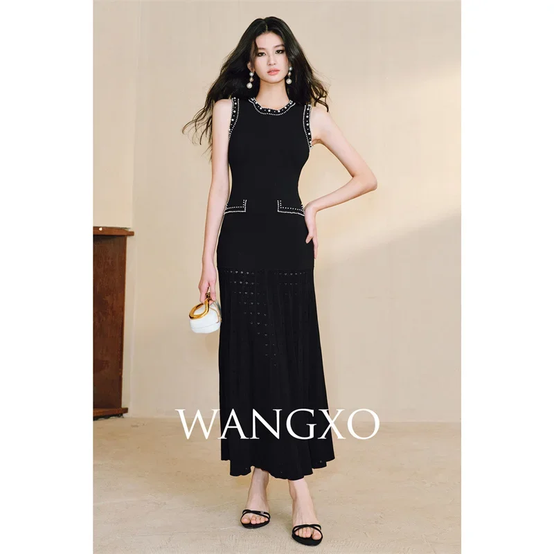 

New Luxury Summer Knitted Dress Women Fashion Pearl Beading Sleeveless Slim Pleated Hollow Out Long Dresses Vestidos Robe Femme