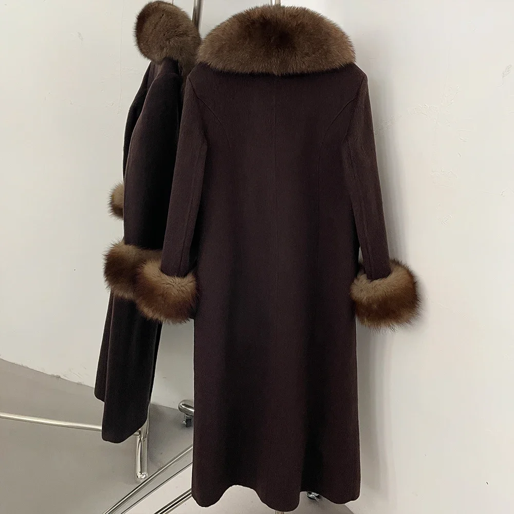 OFTBUY Großer Natürlicher Pelzkragen Doppelreihiger Langer Damen-Wollmantel Winter Warmer Dicker Schlanker Wollmantel mit Echtpelz – Detail 27