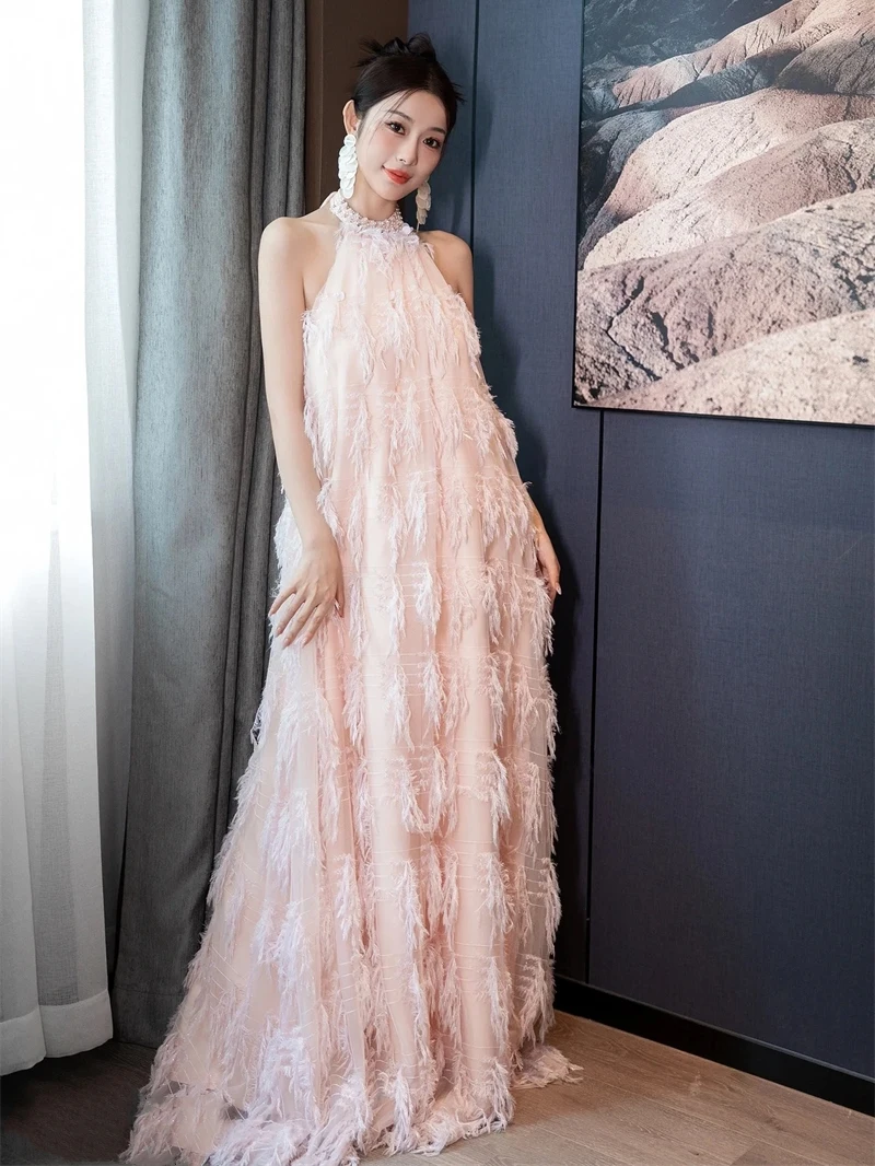 فستان أنيق وردي اللون بظهر مكشوف ورقبة معلقة، فستان مثير للعطلات، تنورة طويلة صيفية مزينة باللؤلؤ، فستان بخصر مرتفع على شكل ح...