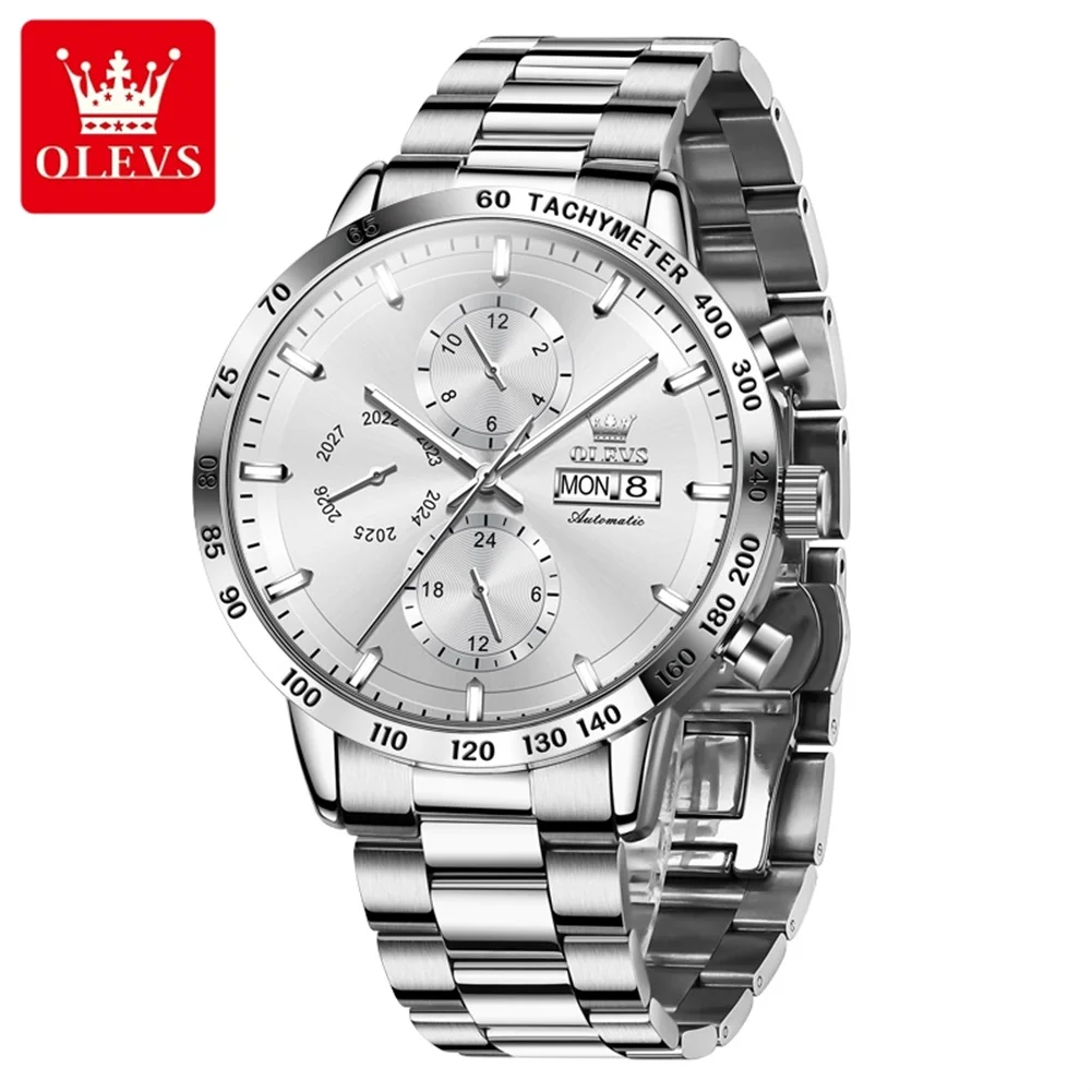 OLEVS 6683 Luxury Man Watch Original Chronograph Waterproof Dual Calendar Stainless Steel Men\'s Automatic Mechanical Wristwatch