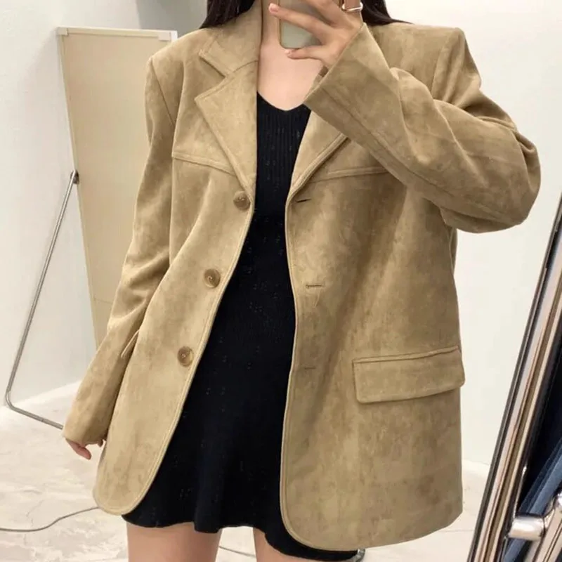 

Retro Suede Suit Jacket for Women Solid Color Long Sleeved Lapel Coats Autumn Winter Casual Single Breasted Female Overcoat