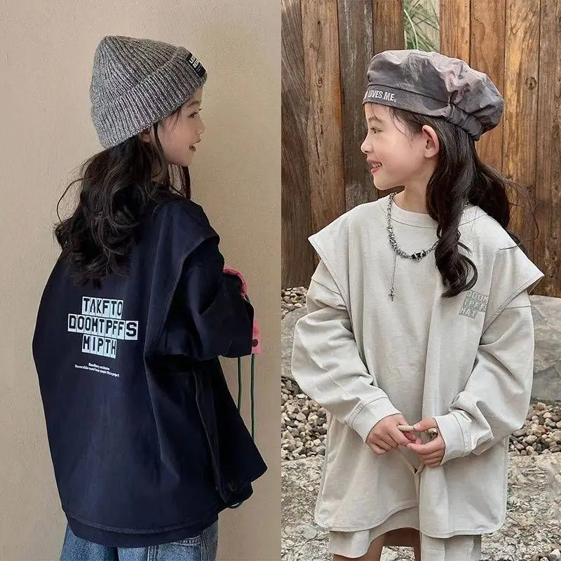 

Autumn Winter Fashion Fake Two Pieces Y2K Sweatshirt Versatile Baby Pullover Kawaii Children's Clothing Long Sleeved Kids Tops