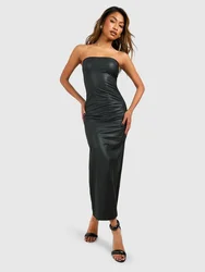 Elegant Black Matte Leather Dress Women Stretch PU Maxi Dress Back Hem Split Strapless Slim Long Dress Party Sleeveless Clubwear