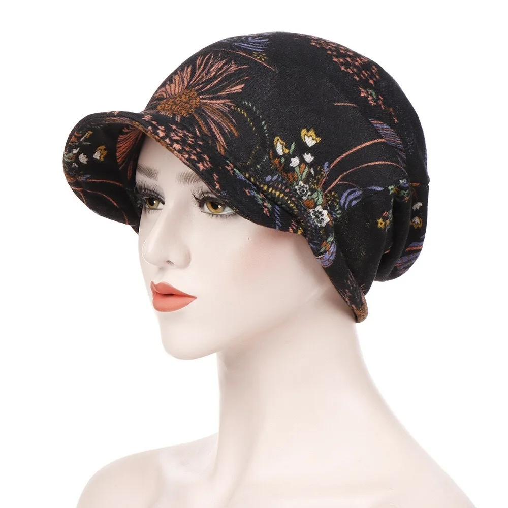 

Slouch Design Print Design Chemo Caps Breathable Cotton Hair Loss Cap Short Brimmed Comfortable Visor Cap Head Scarf