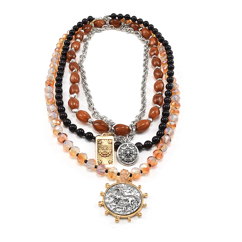 Retro multi-layer beaded necklace Tarot compass pendant Bohemian style stacked collarbone chain wholesale