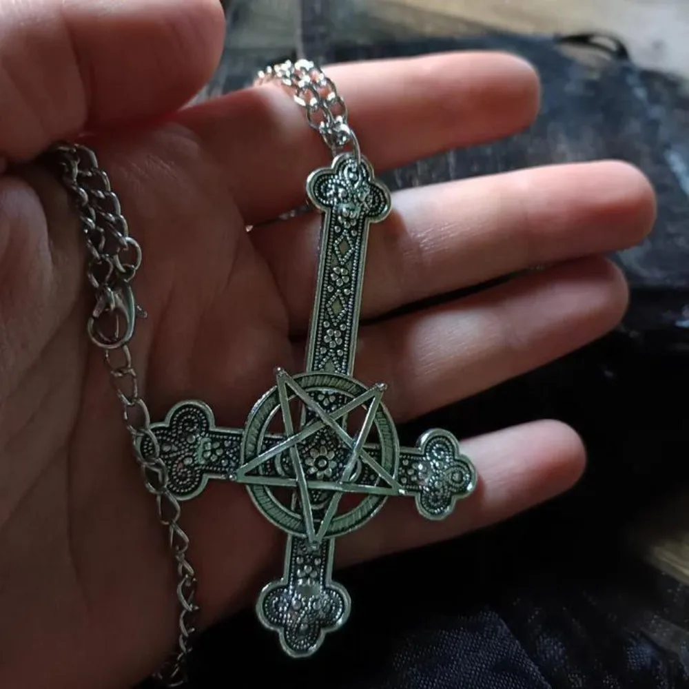 Punk Personality Sliver Color Emboss Flower Five-pointed Star Inverted Cross Pendant Necklace for Men Women Jewelry Accessory