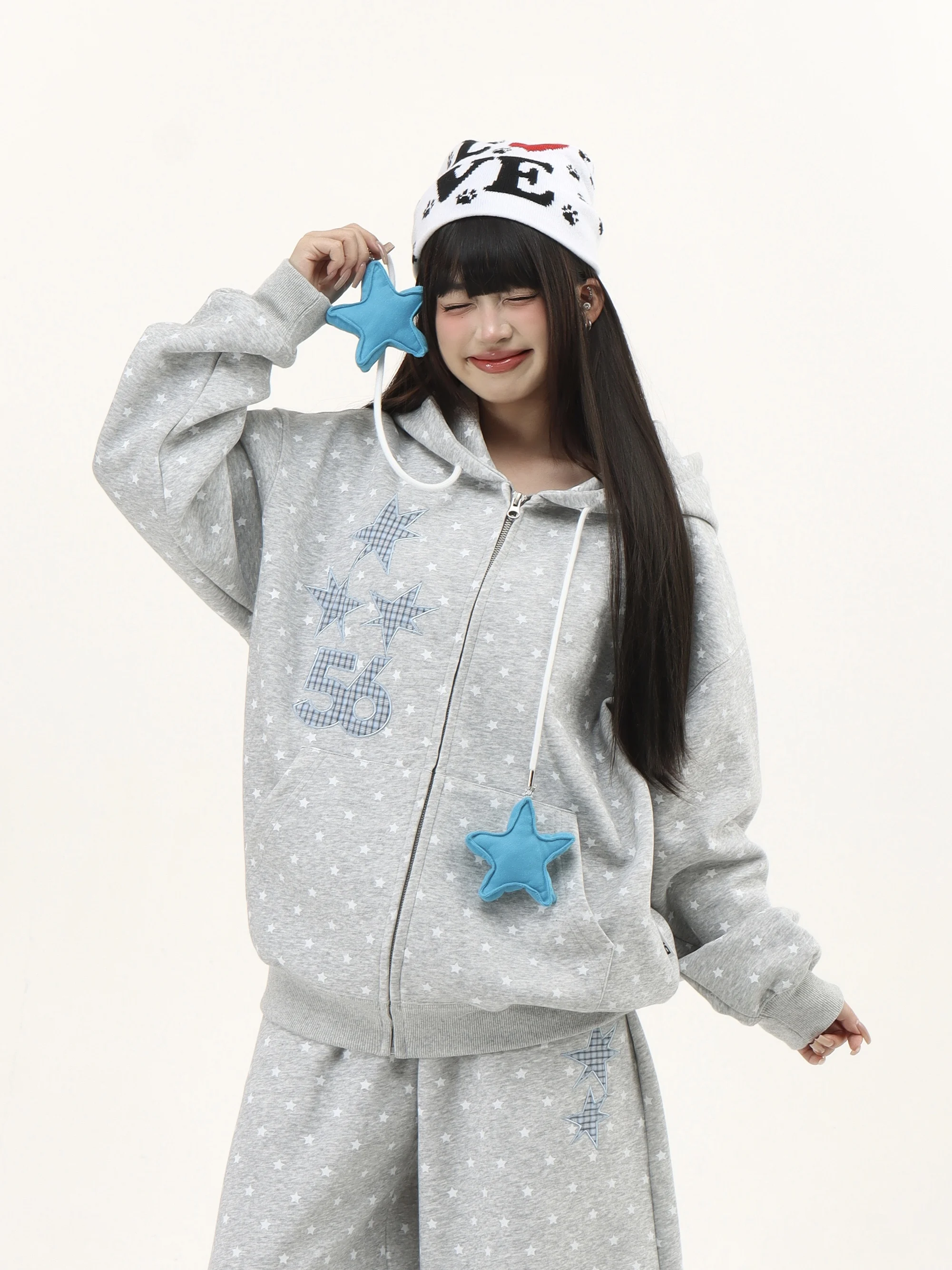 

Американский оригинальный комплект с принтом звезд: худи-кардиган и широкие спортивные брюки унисекс, повседневный уличный стиль