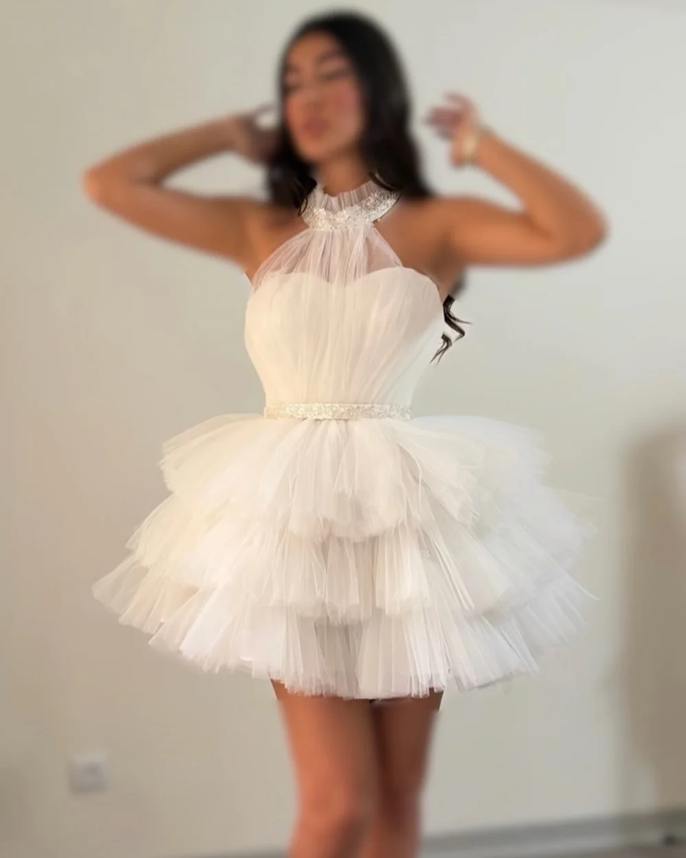 

Customized Sexy Pastrol Tulle Beading Sequined Sash A-line High Collar Short Dresses Bespoke Occasion Dresses Sizes Available