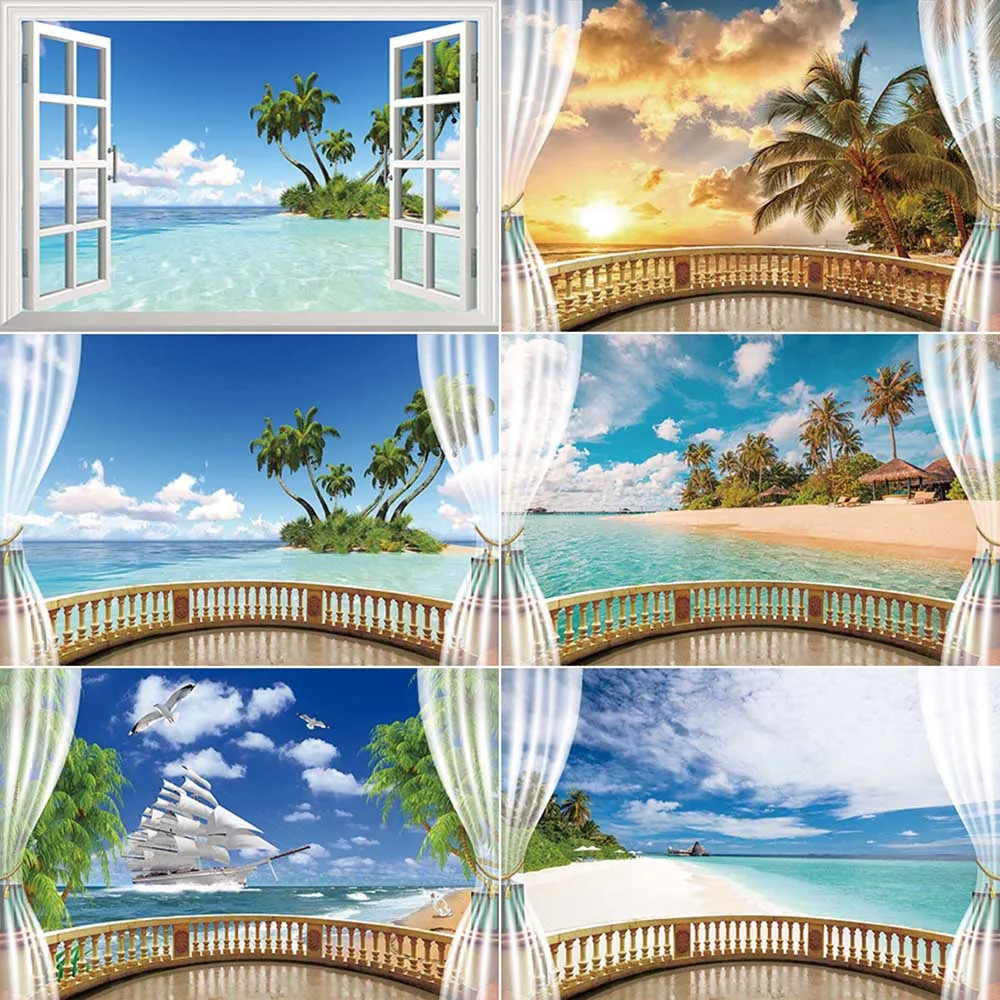 MOON.QG Summer Holiday Ocean Backdrop Photography Curtain Coconut Trees Beach Photozone Background Baby Studio Photobooth Props