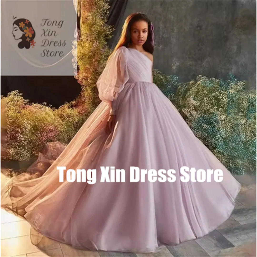 

Wedding Tulle One Shoulder Customized Flower Girl Dresses for Floor Length Elegant Girl Kids Birthday Party First Holy Communion