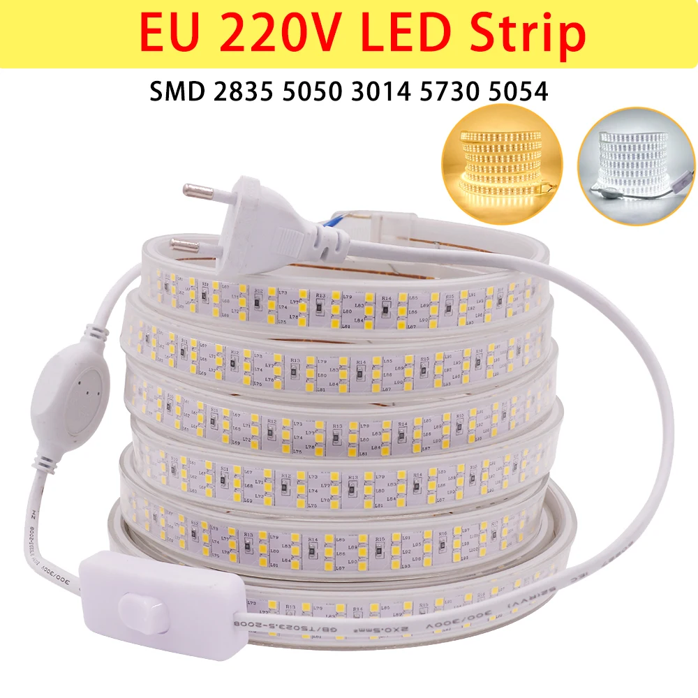 AC 220V LED Strip Outdoor Waterproof Lamp SMD 2835 276Leds/M Flexible Tape Ribbon 5050 5730 3014 Christmas Light with EU Plug