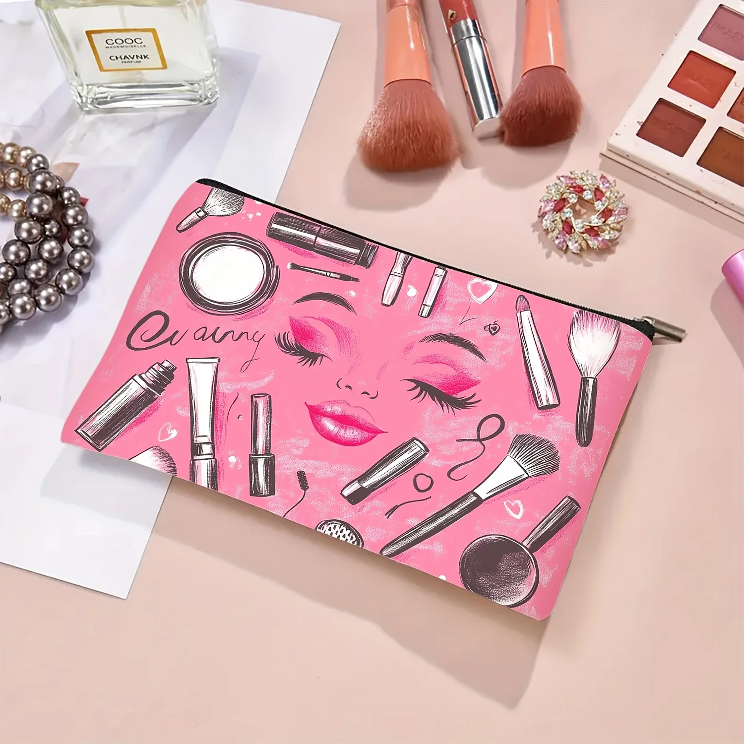 Un sac de maquillage rose pour élément cosmétique – jolie pochette multifonctionnelle à fermeture éclair pour femmes, sac de rangement de bijoux