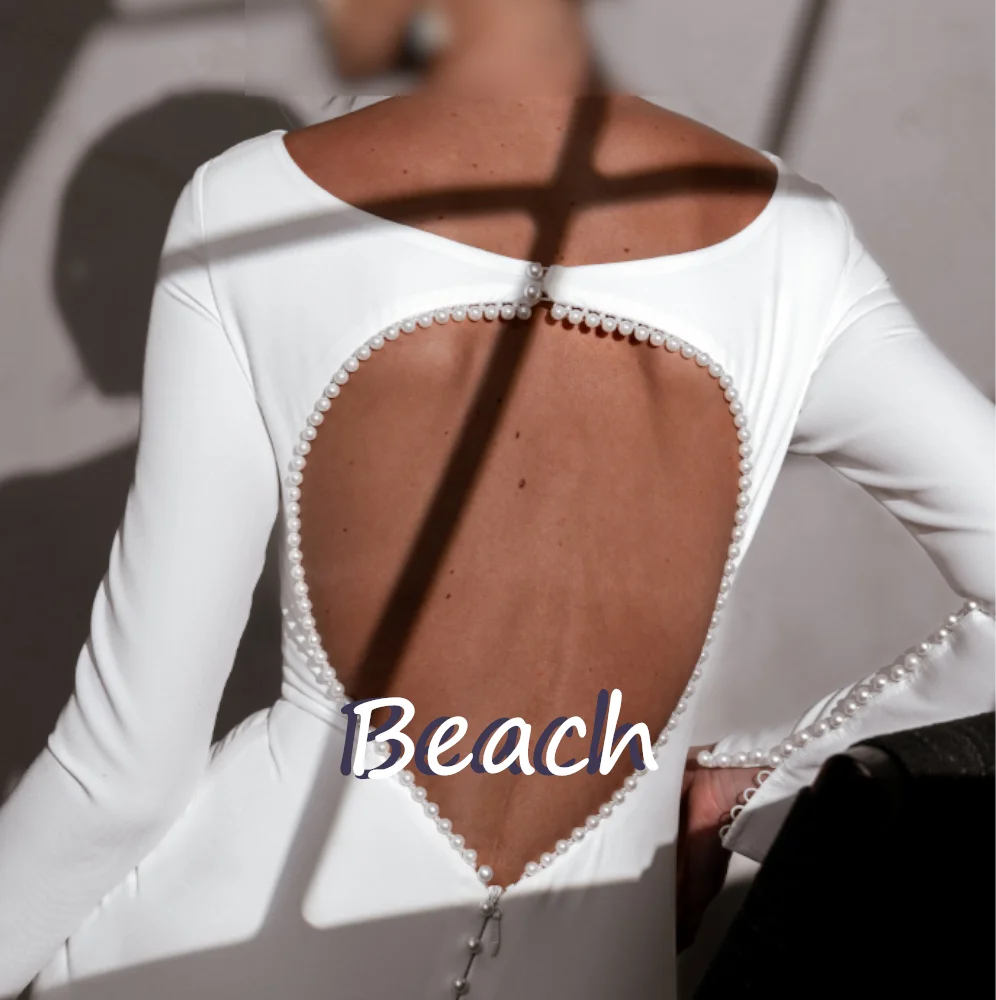 Beach Crystal Backless Long Sleeves Crew Neck Mermaid Sweep Train Solid ivory Fairy Garden Wedding Dress High Quality Woman