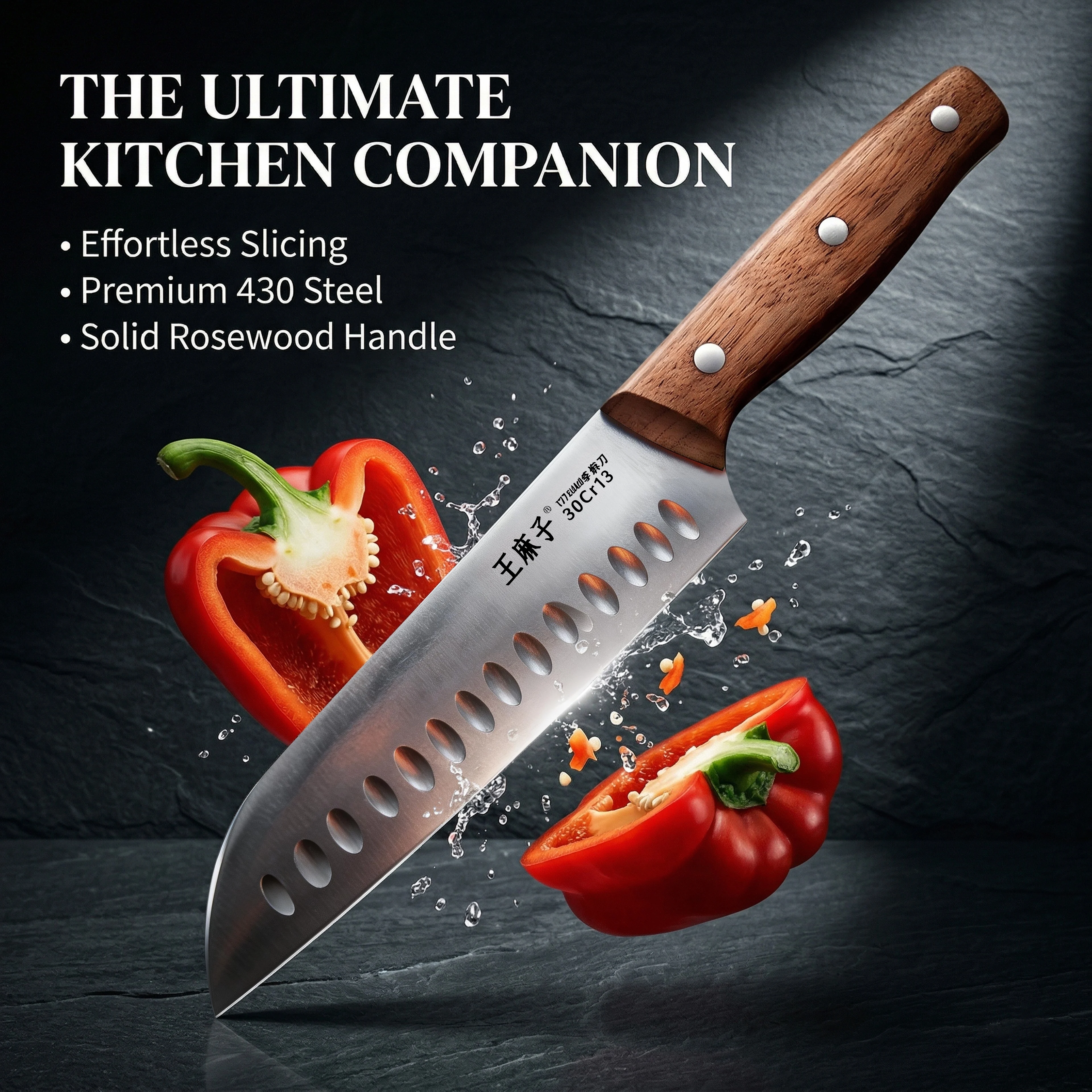 7 Inch Santoku Chef Knife-High-Strength Stainless Steel Multipurpose Kitchen Knife with Wood Handle for Slicing&Chopping Cooking