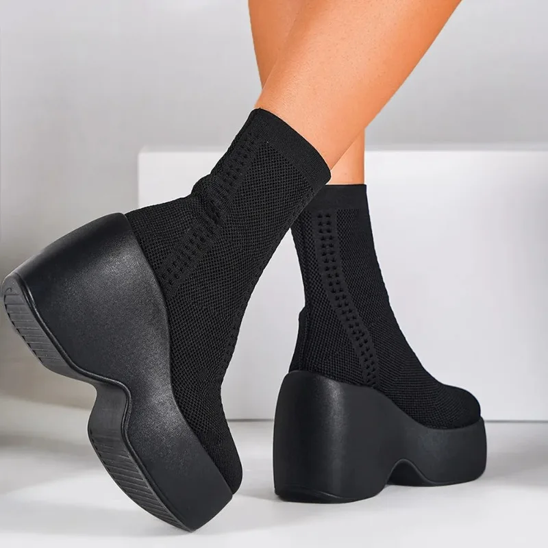 

Chunky Platform Knitted Stretch Boots Gothic Wedges Women Ankle Boots Punk Slip-on Sock Boots Winter Trendy Women Shoes