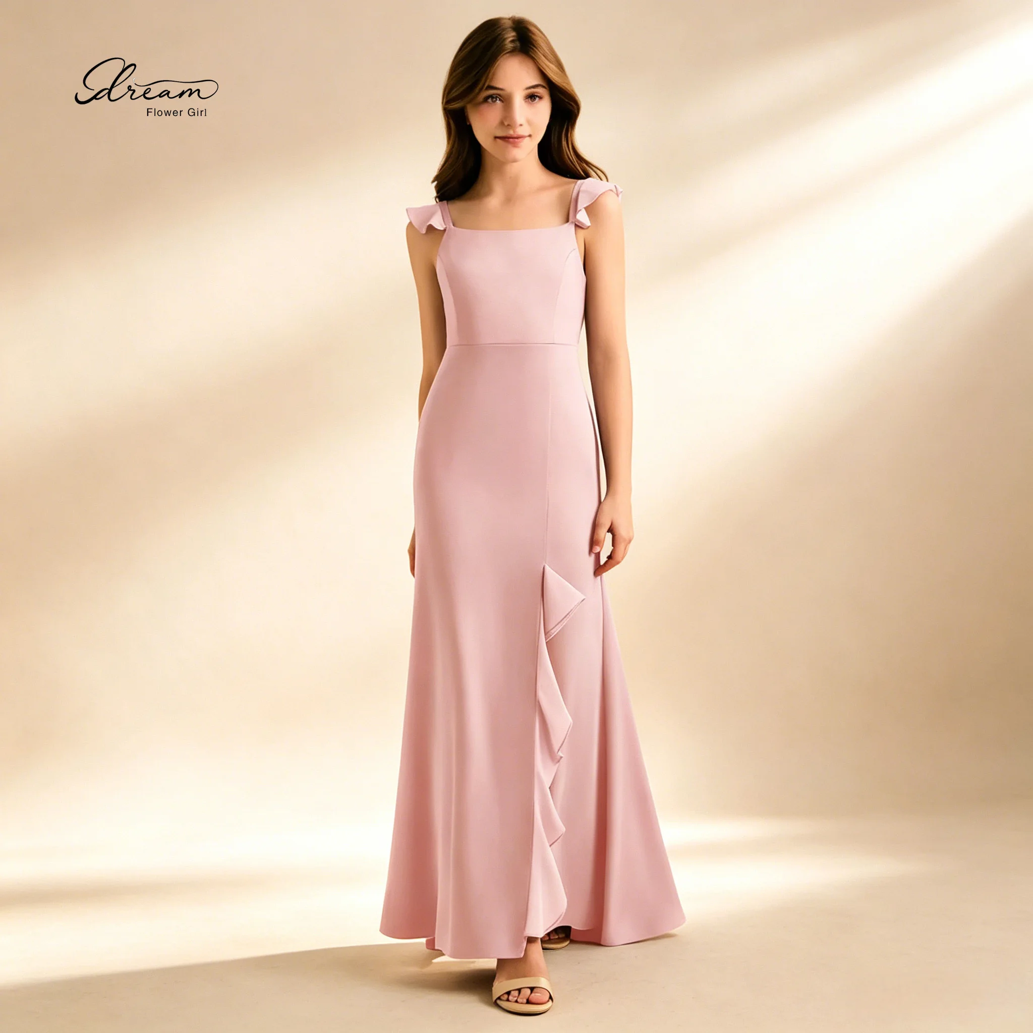 Exquisite Custom Pink Chiffon Off-Shoulder Floor-Length Sleeveless Formal Children's Gown — Featuring Slit and Pleated Designe