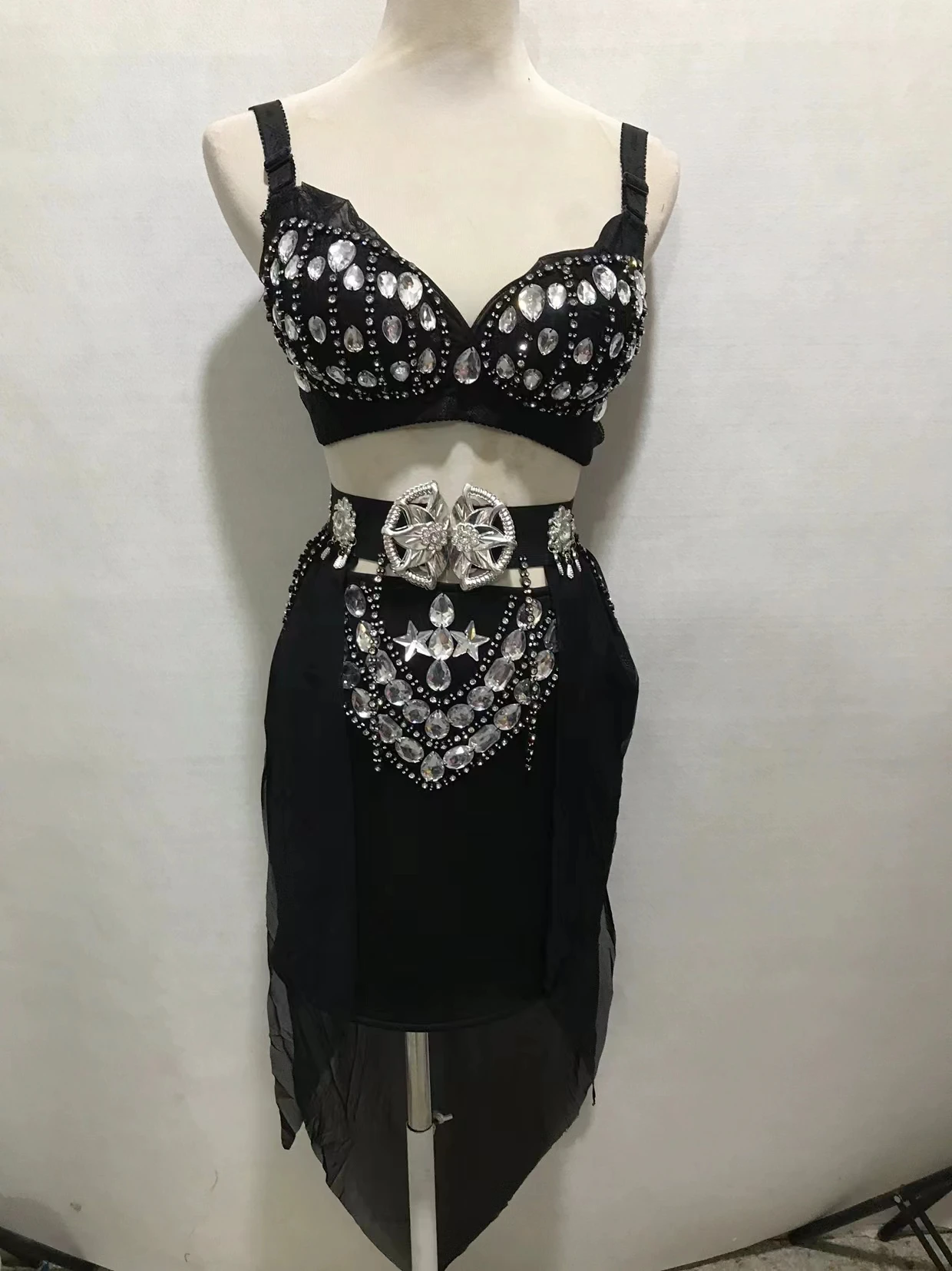 Handmade Sewn Diamond Sexy Bra A-line Skirt Split Set Nightclub Bar Female DJ Singer Leading Dance Stage Performance Costume