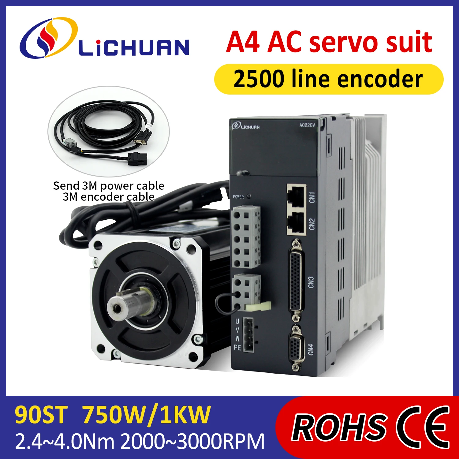 Lichuan A4 220V 3/4A 2000/2500/3000rpm 750/1000W AC Servo Motor Driver Controller Kit 2.4/3.5/4.0N.m AC Servo Motor Drivers Kit