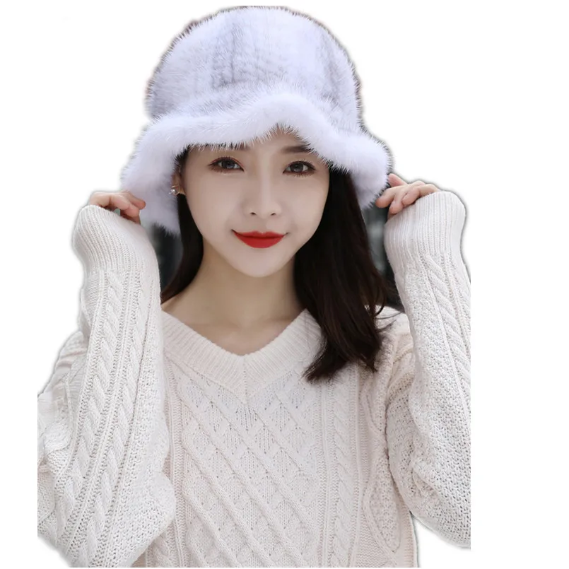 Real Mink Fur Hats Women's Winter Warm Woven Ear Brim Basin Top hat New Russian Caps Fedoras