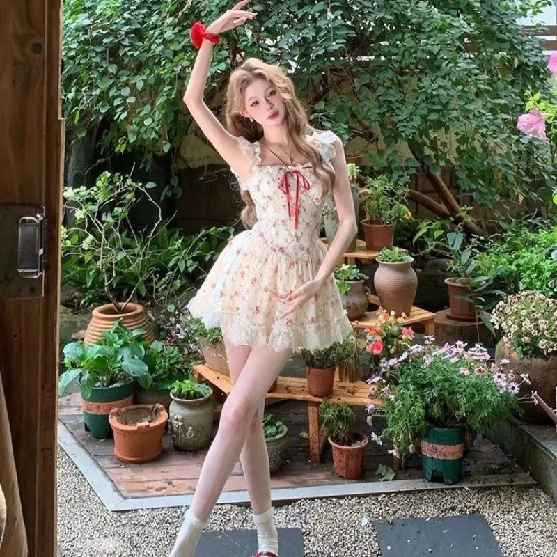 Elegant Sweet Lace Floral A-line Dresses Women Spring New Slim Waist Sleeveless Vest Y2k Dress Vestidos Womens Clothing