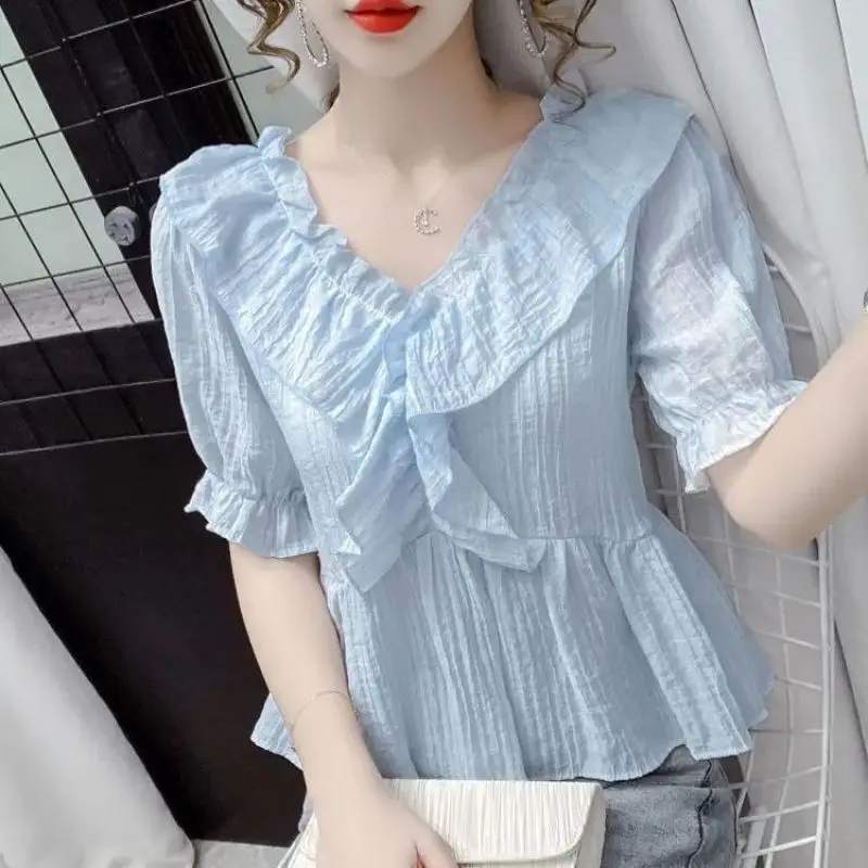 Women Summer Simplicity Loose Pleated Solid Color V-neck Short Sleeve Chiffon Shirt Women Clothes Casual All-match Trend Tops