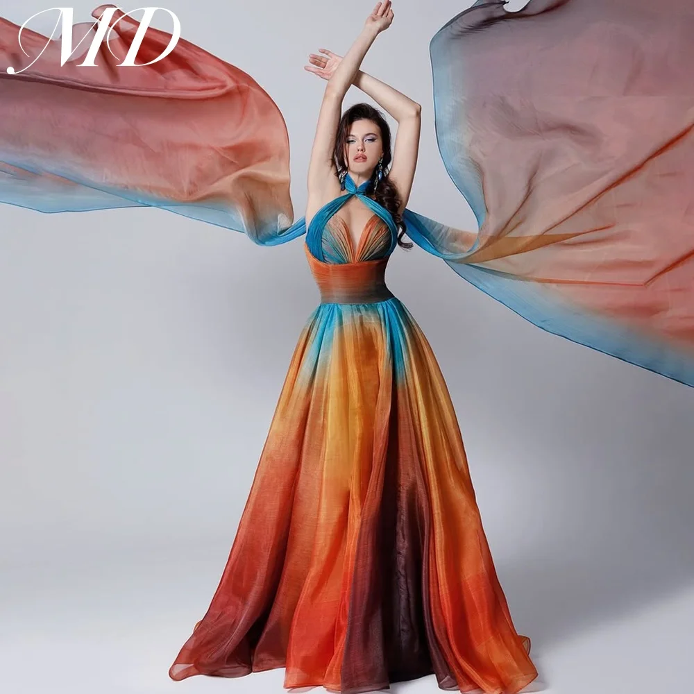 

MD Modern Contrast Color Halter Evening Dress Saudi Arabic Organza Sleeveless Scarf Sexy Prom Gowns Customized Party Dress 2025