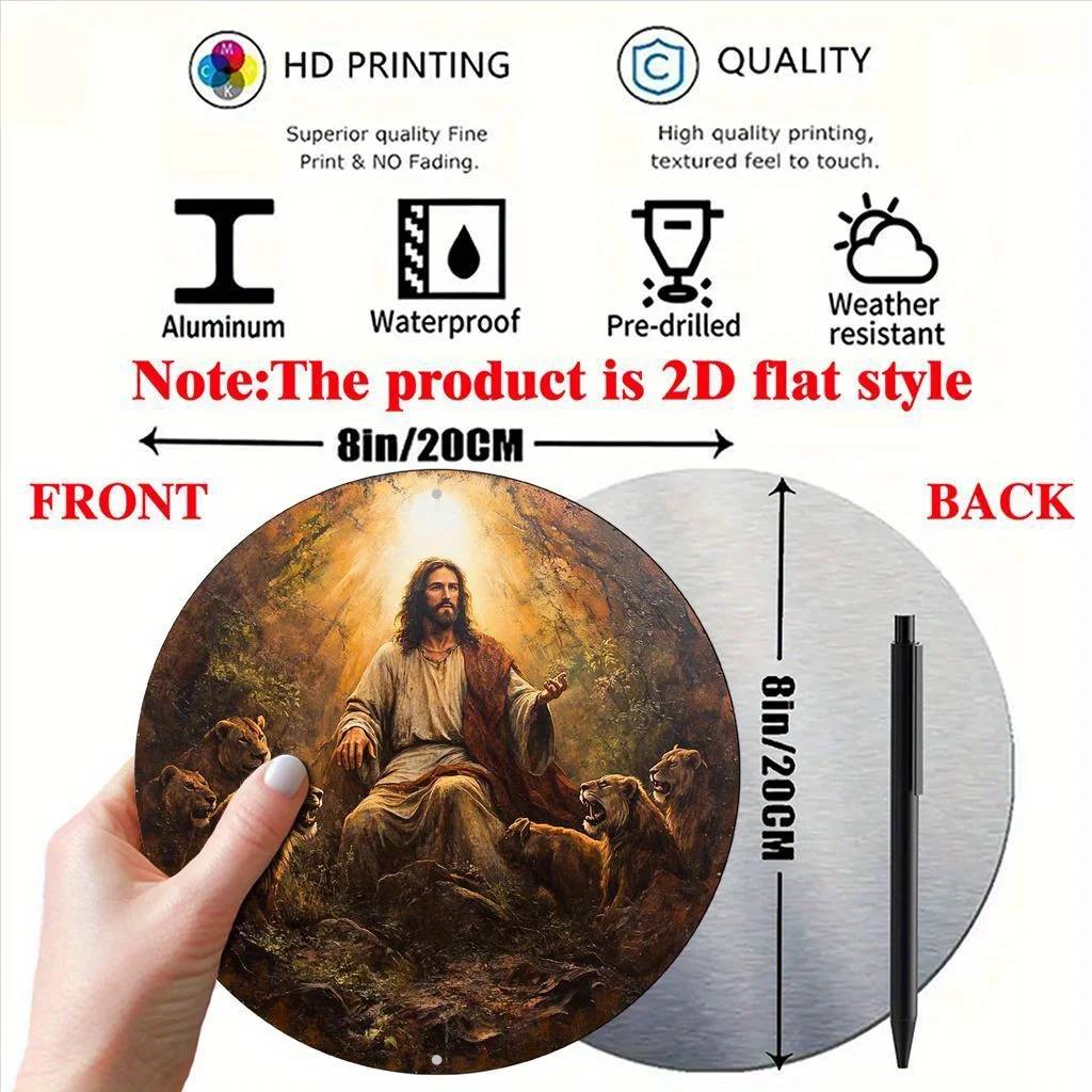 Jesus Surrounded By Lions Forest Religious Art 2D flat Round Metal Tin Sign Sacred Home Wall Decor Gift 7.87x7.87 Inch
