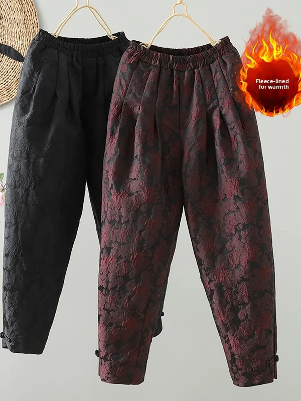 

Высококачественные шелковые облегающие брюки из конопли в стиле ретро с вышивкой, зимние теплые брюки Харлан, женские брюки больших размеров на подкладке