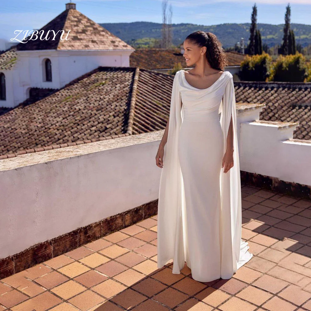 

ZIBUYU Customized Elegant Luxury Wedding Dress Floor Length Sleeveless Cowl Neck Draped Cape Sleeves Satin Mermaid Bridal Gowns