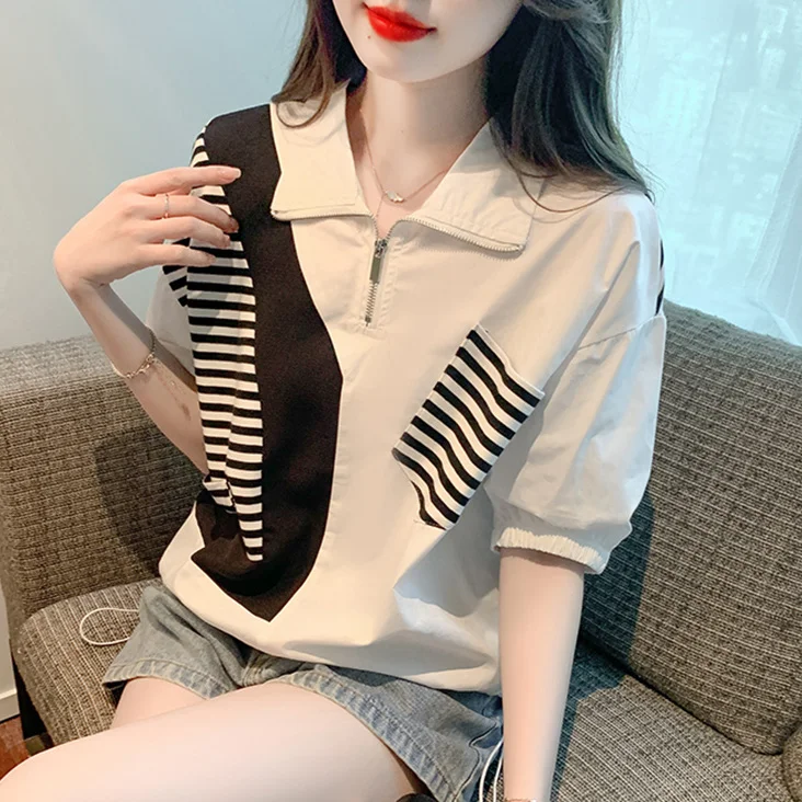 Design Sense Splicing Color Blocked Shirt Women's Summer Outfit New Fashionable Casual Versatile Top