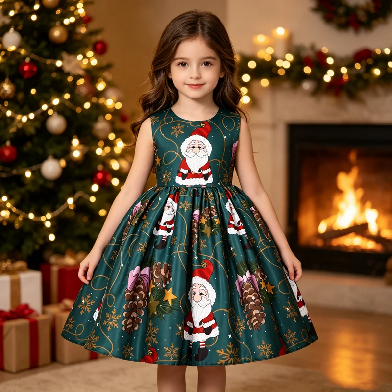 2026 Neues Mädchenkleid Weihnachtsmann Schneekleid Cartoon-Print Prinzessinnenkleid Weihnachtskostüm Ins