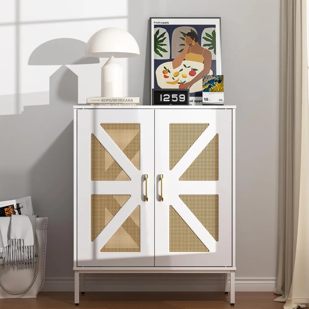 

Buffet Cabinet White with Storage, Rattan Sideboard with Doors & Shelves, Accent Buffet Console Table 32.9" Media Console Mid Ce
