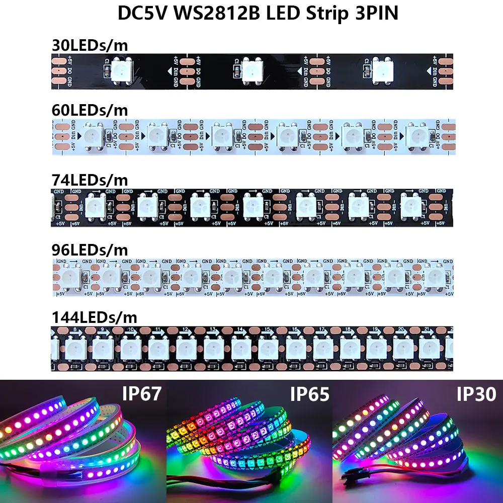 DC5V WS2812 Led Strip Light.WS2812B Individually Addressable RGB LED Light 30/60/74/96/144Leds/m Black White PCB IP30 IP65 IP67