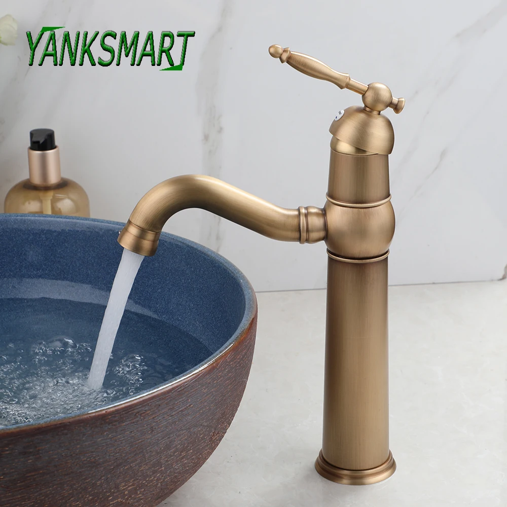 

YANKSMART Antique Brass Bathroom Faucet Basin Sink Hot and Cold Water Mixer Tap Deck Mounted 360 Swivel Spout Tap