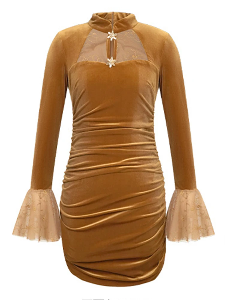 Vintage Sweet Qipao Sheer Lace Mini Dress Women Elegant Long Sleeve Bodycon Gown Female Sexy Date Party Vestidos Club Cheongsam