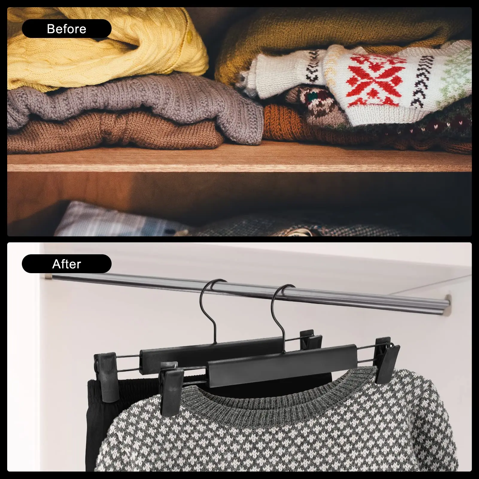 Hosenbügel mit verstellbaren, rutschfesten Clips, rostfreier Hängehaken für Hosen, Röcke, Jeans, Kleiderbügel – Detail 6