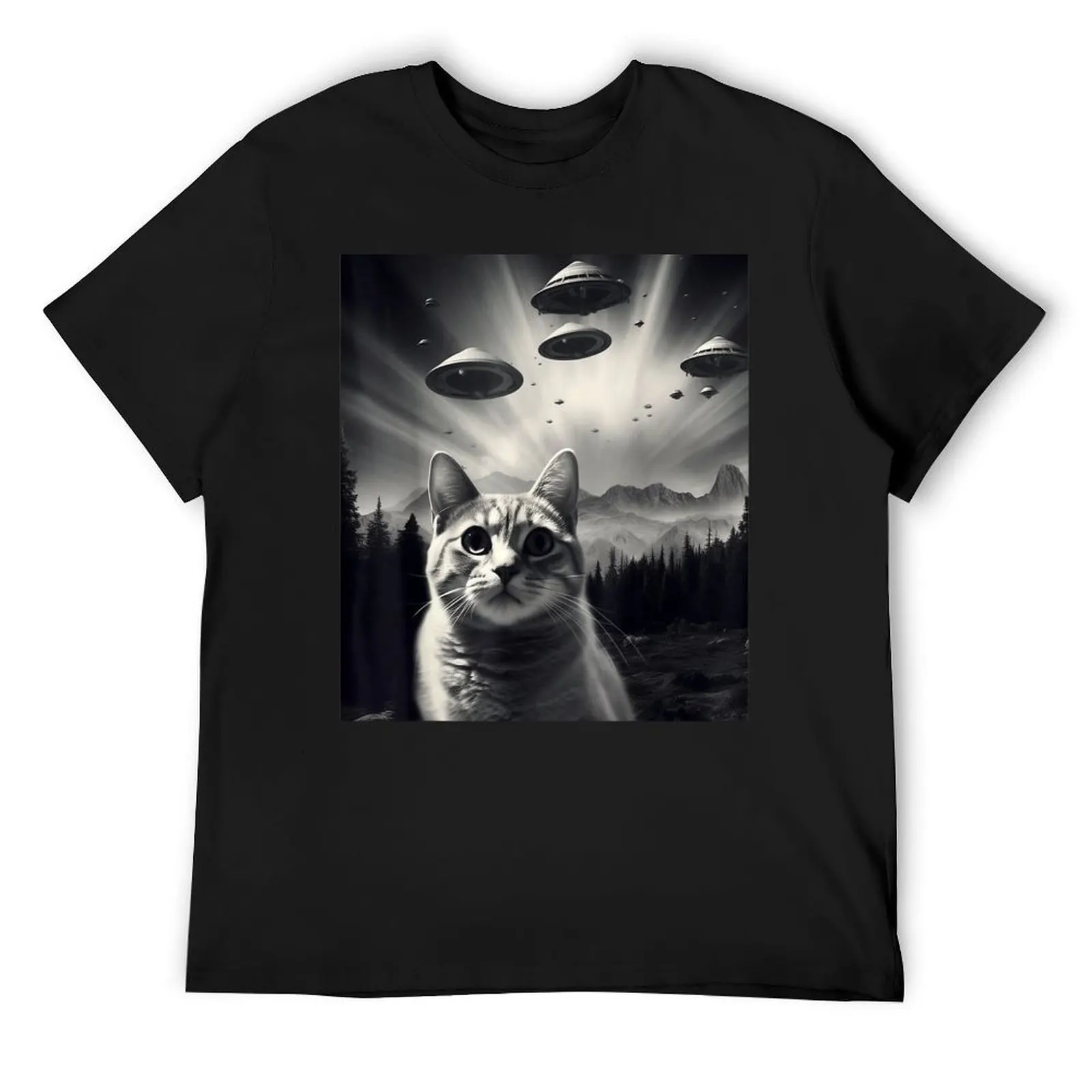 Funny Cat Selfie with UFOs T-Shirt essential t shirt cotton graphic tees korean fashion clothing for men