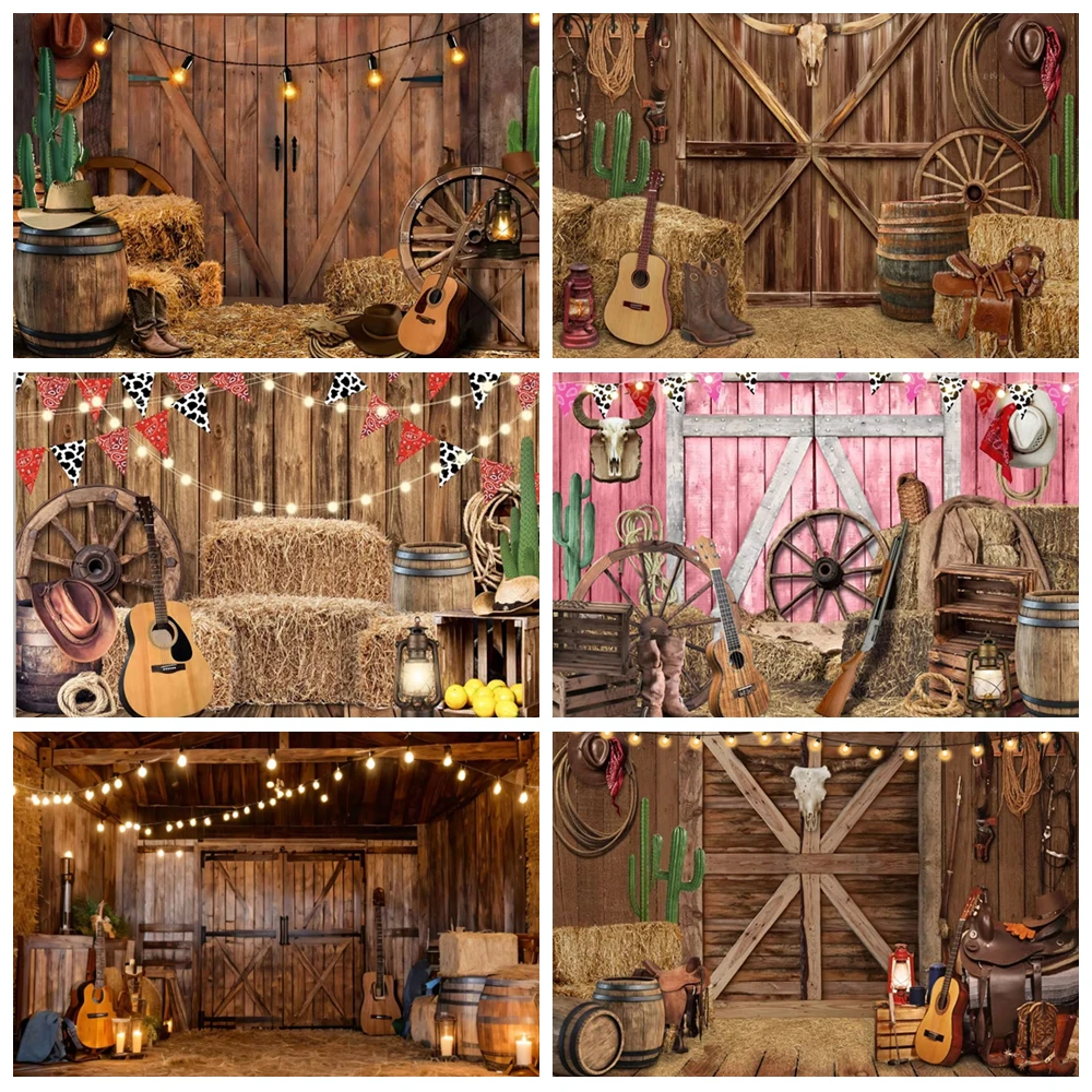 Western Cowboy Photography Prop Backdrop West Rustic Farm Barn Haystack Hay Bale Wheel Kids Baby Birthday Party Photo Background