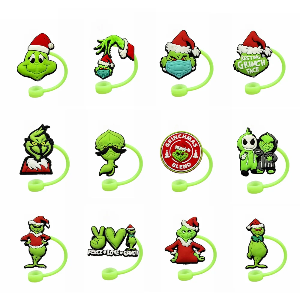 

1-12pcs Grinch Straw Cover Cap Cartoon 10MM Silicone Straw Plug Reusable Stanley Cup Accessories Straw Cap Charms Pendant