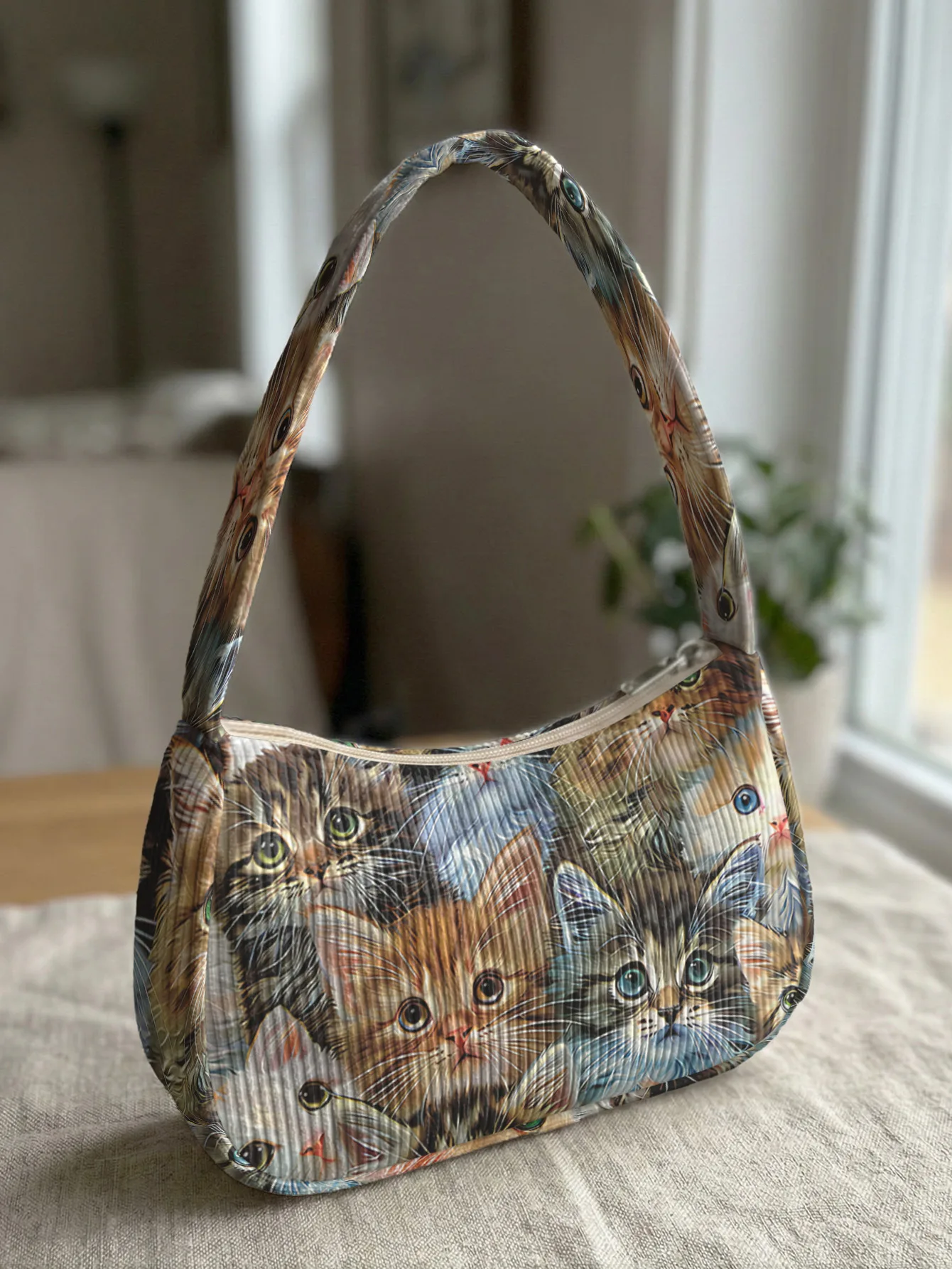 Trendy Kitten Print Shoulder Bag, Corduroy Underarm Bag for Daily Casual Use